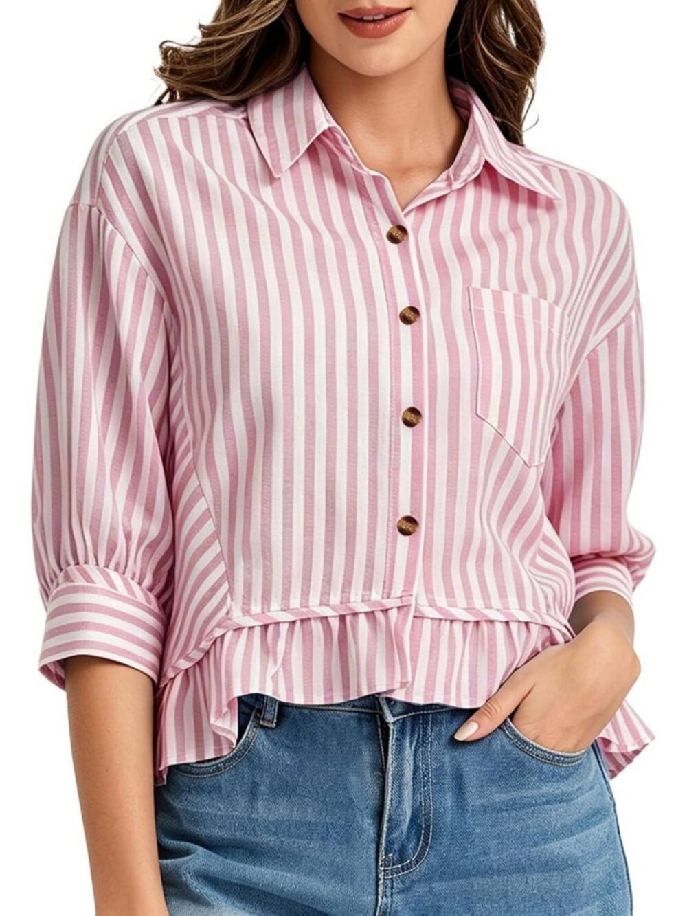Cropped Striped Button Down Blouse - 3/4 Sleeve Ruffle Hem Summer Top for Women